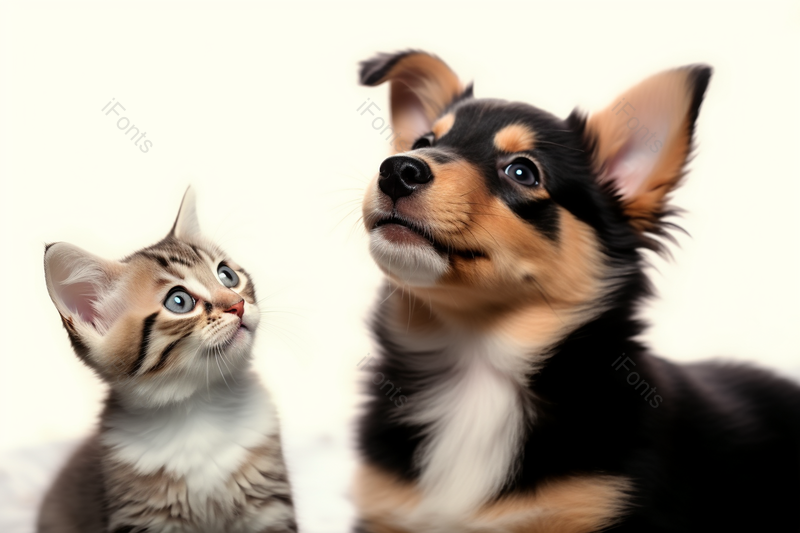 白色背景下的小猫和小狗,高清,摄影图,摄影图片,图片大全,摄影图免费下载